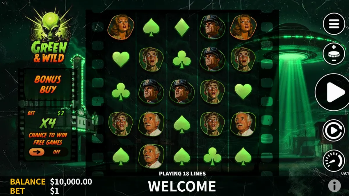 Isang masiglang tanawin ng kagubatan sa Green & Wild slot machine.