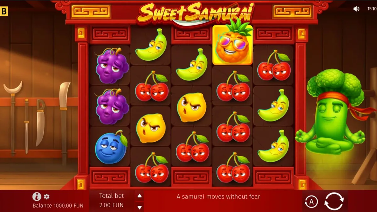 Isang makulay na dojo-themed slot na may Broccoli Samurai at mga prutas sa screen.